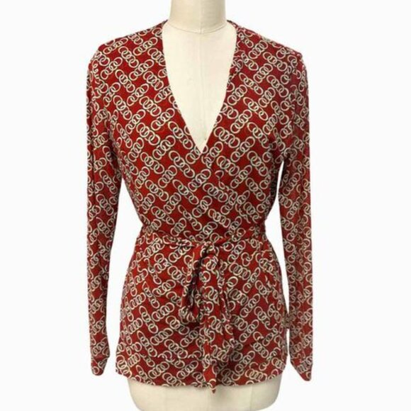 CABI Ringleader Wrap Top XXL Rust Orange Red Gold Rings Long-Sleeved V-Neck - Picture 1 of 10